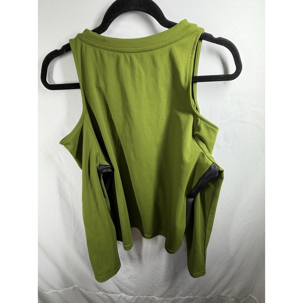 NY&C Green Cold Shoulder Long Sleeve Top Faux Leather Trim Size L Athleisure - Picture 7 of 8